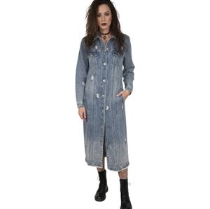 Vintage Tribal Jeans Long Blue Distressed Denim Duster Grunge Trench Coat Small
